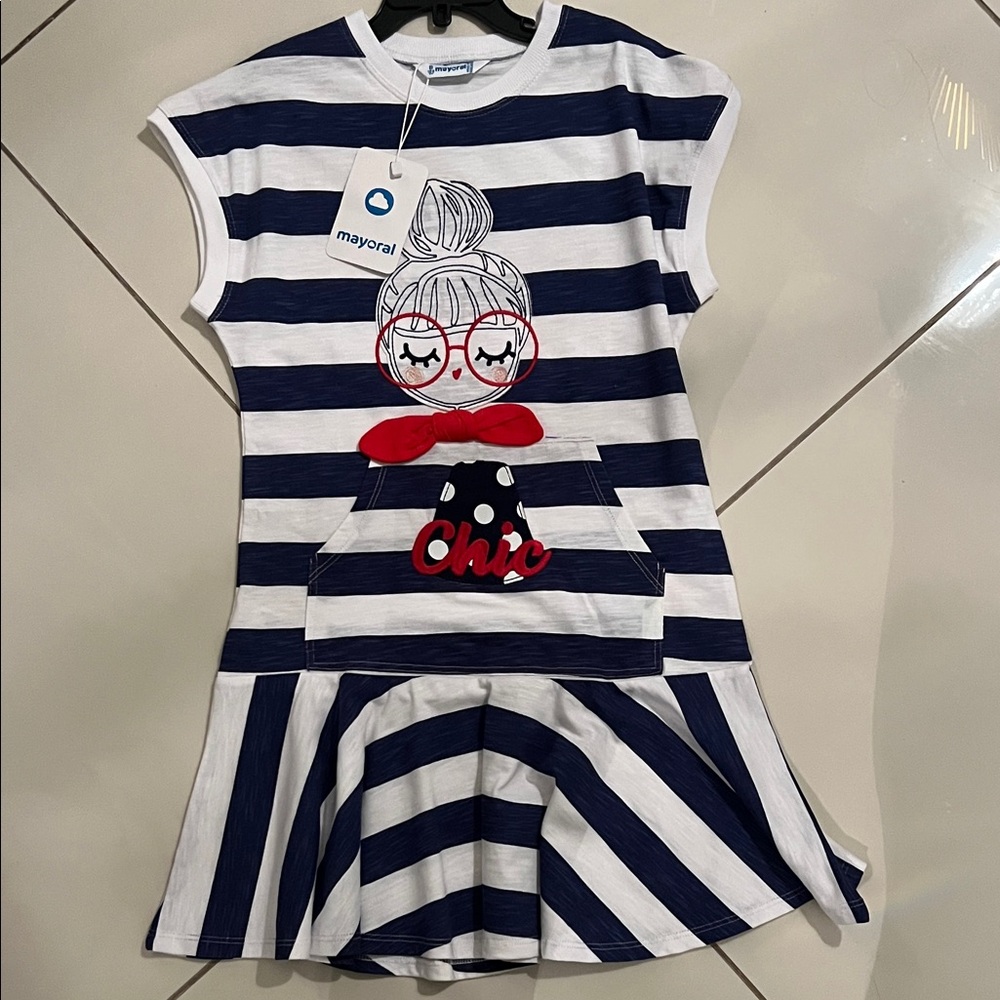 Mayoral Navy and White Striped Dress with Red Accents